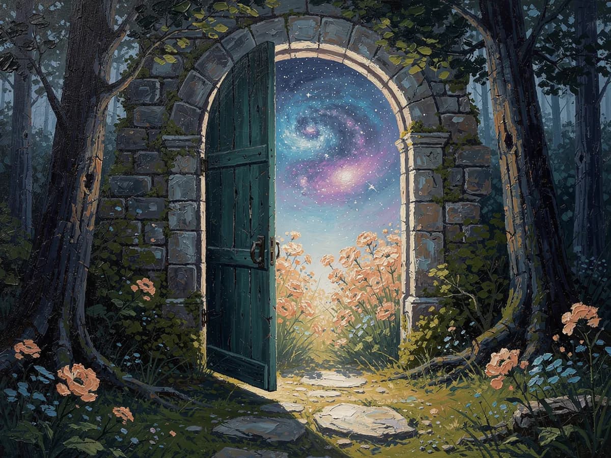 A painted stone doorway in a moonlit forest opens onto a luminous celestial garden.