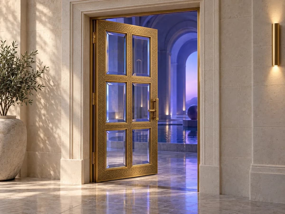 An engraved brass and beveled-glass door opens onto luminous blue and violet light.