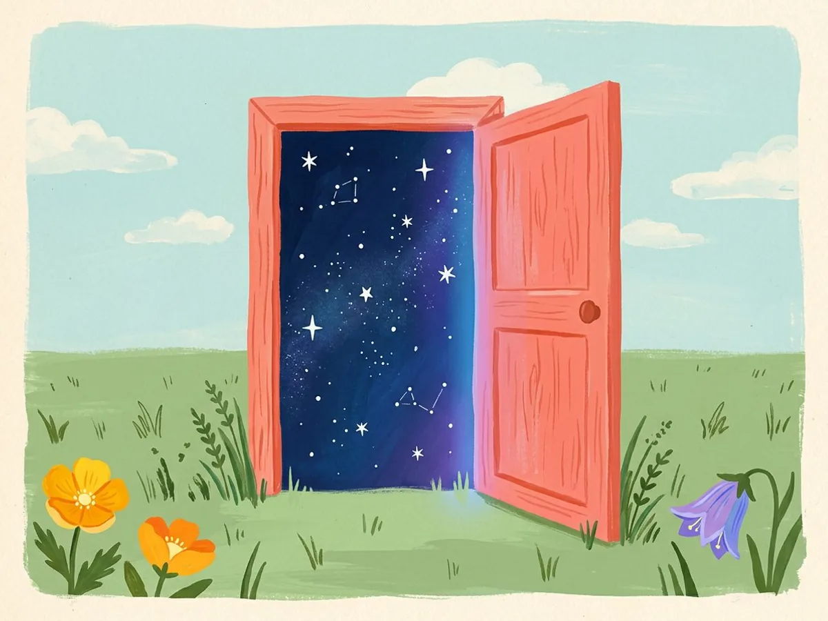 A coral door in a sunny flower meadow opens onto a blue and violet starry sky.