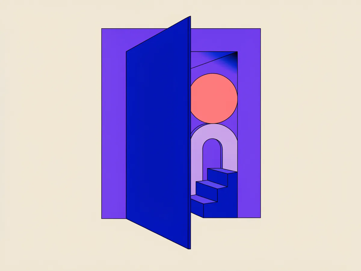 A cobalt door opens onto a coral circle, lilac arch, and blue steps in a violet frame.