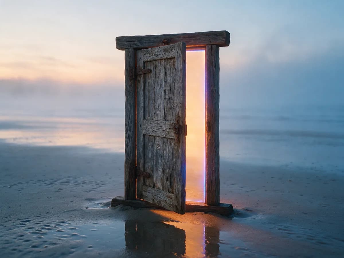 A weathered wooden door glows on a misty beach, reflected in wet sand at dawn.